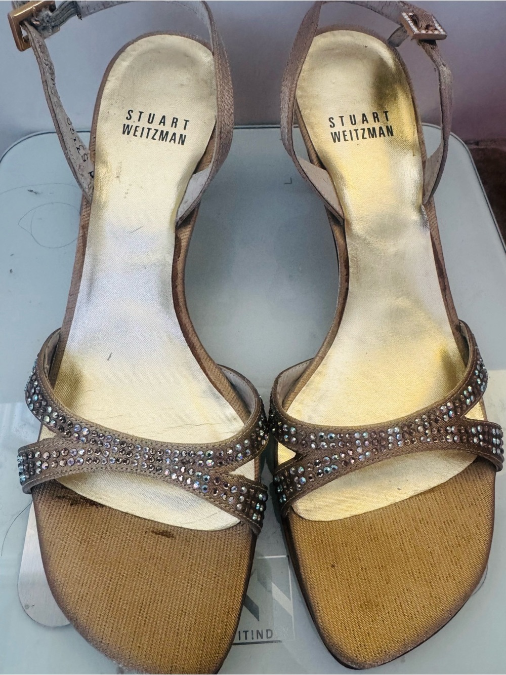 Stuart Weitzman like new gold Crystal-Strap Slingbacks original 285